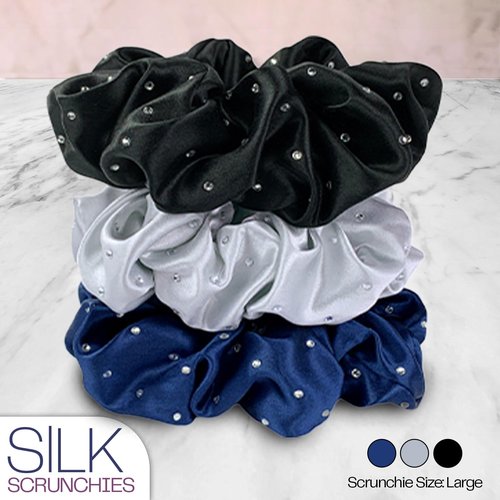 Celestial Silk Mulberry Silk Scrunchies for Hair (Black, Silver, Navy with Rhinestones)