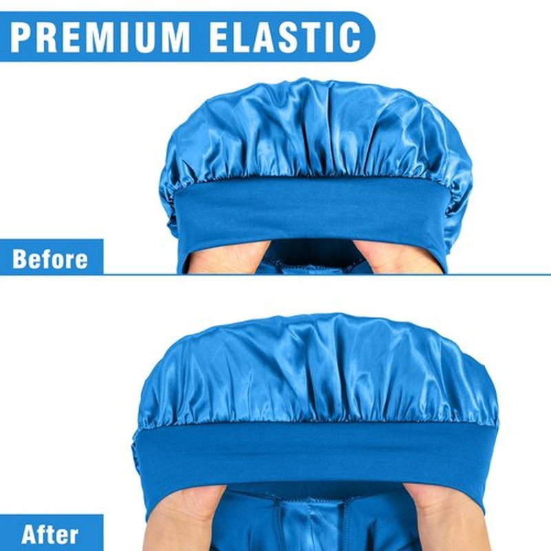 2Pcs Bonnets for Black Women Braid Bonnet, Large Long Satin Bonnet for Braids, Silk Bonnet with Stretchy Tie Band Sleep Cap Hair (2Pcs-Black&Blue)