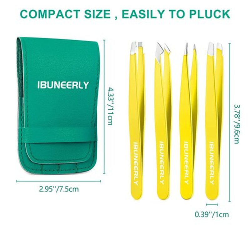 iBuneerly Tweezers Set, 4Pcs Tweezers for Women with Travel Case, Professional Stainless Steel Eyebrows Tweezers, Great Precision Tweezers for Ingrown Hair, Facial Hair, Splinter Removal (Yellow)