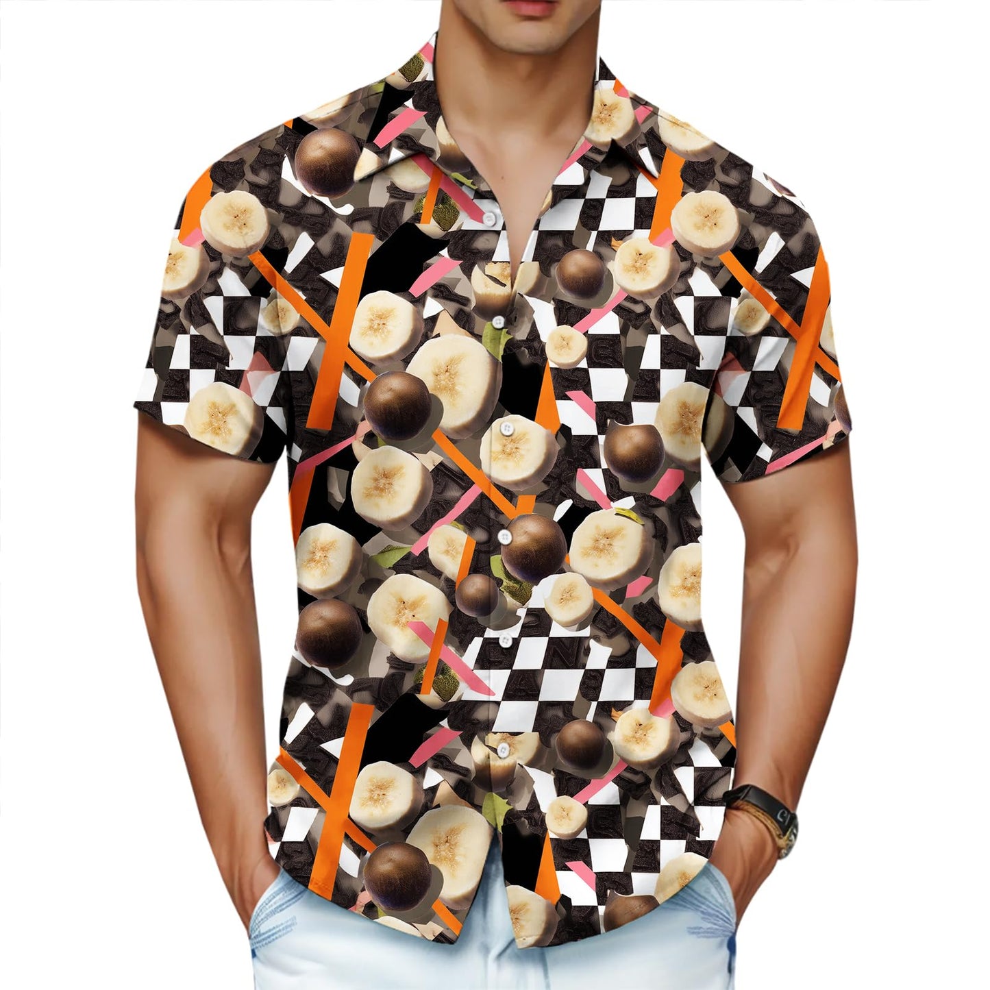 Fruit Button Down Shirts for Men Lemon Graphic Short Sleeve V Neck Polo Top Loose Fit Casual Summer Party Club Tees