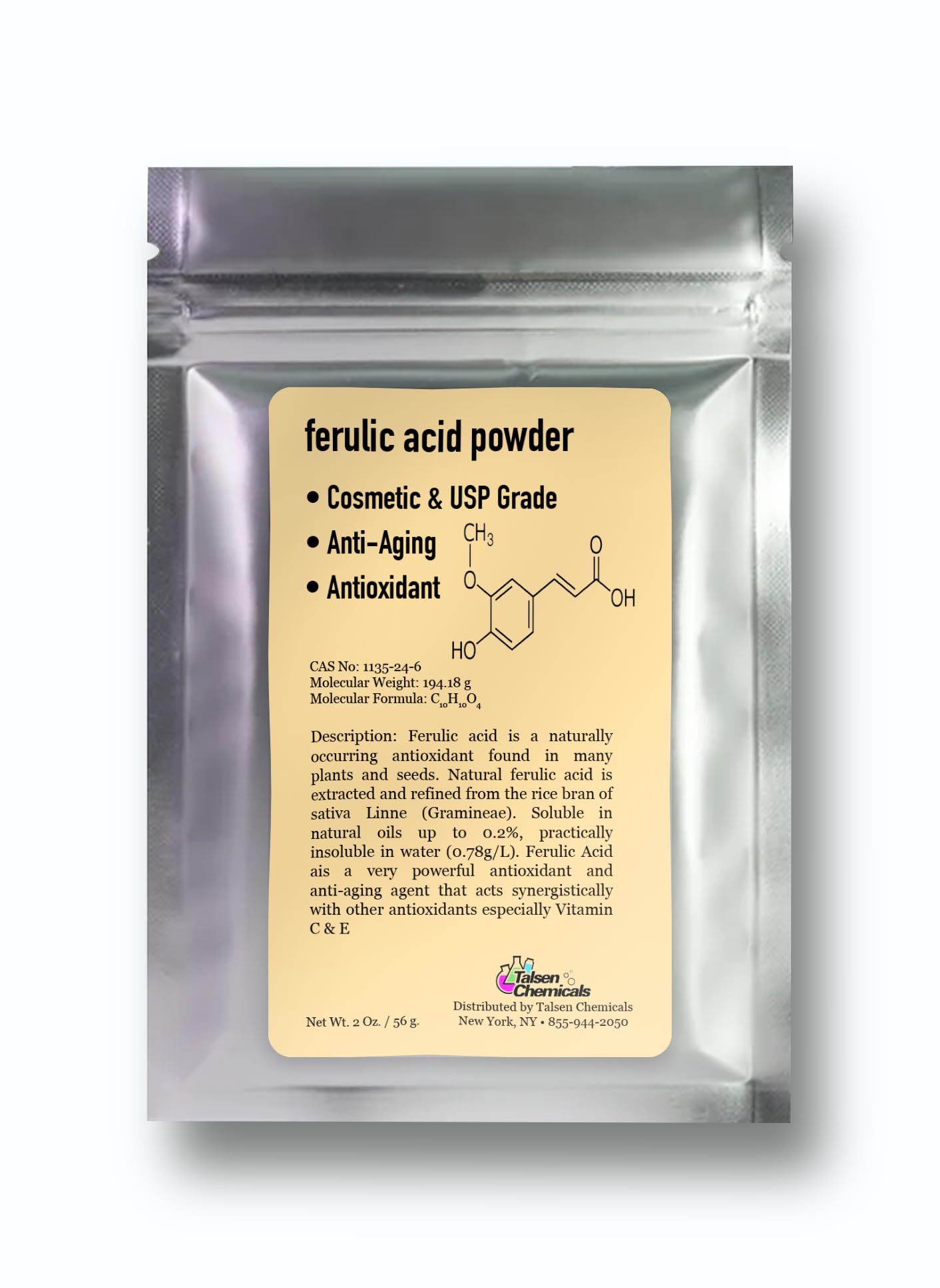 Ferulic Acid Powder Pure 99% Pure Cosmetic Grade Powder Pure Natural, DIY Skincare (2 Oz / 56 Grams), by Talsen Chemicals