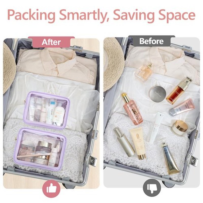 PACKISM TSA Approved Toiletry Bag - Upgrade Color-Edged Clear Makeup Bag, Unique Appearance, 2 Pack Hold Lots of Items, Reusable Clear Toiletry Bags for Travel Essentials, Purple (2 Sizes)