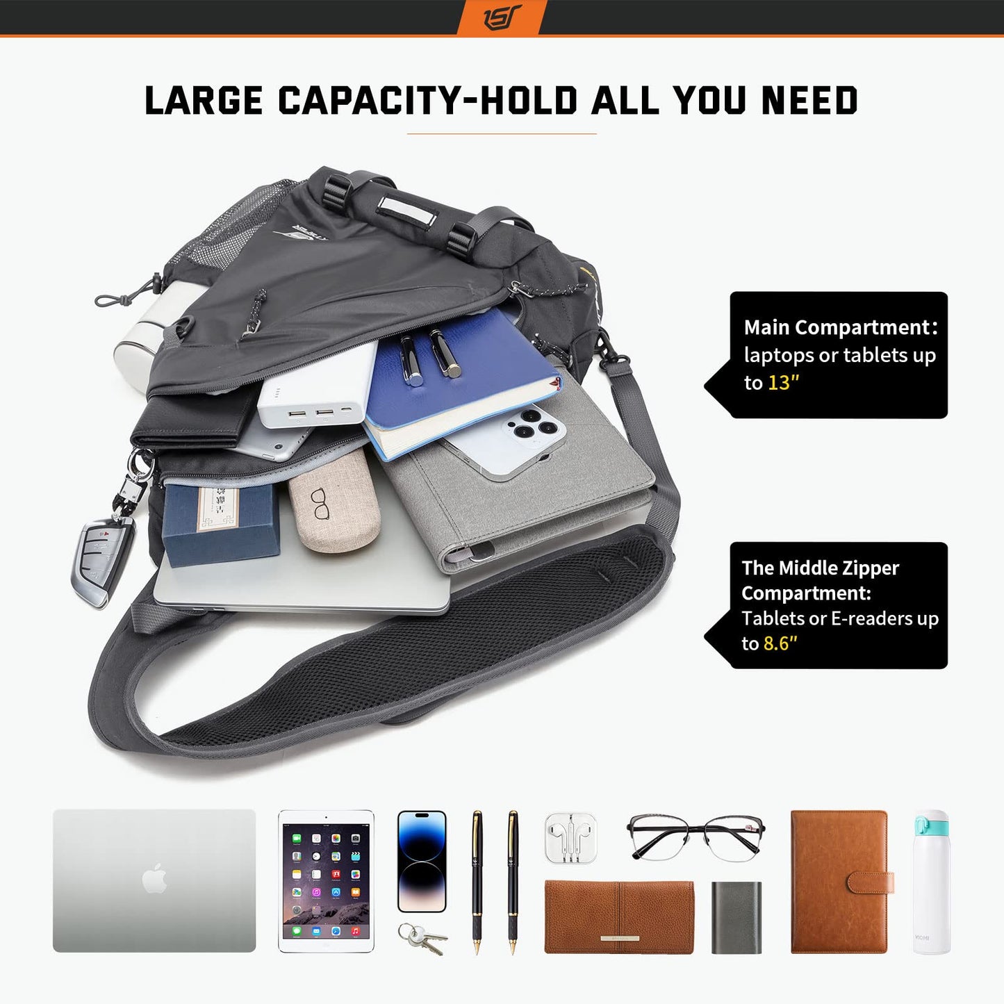 SKYSPER Sling Laptop Bag (Up to 13 Inch) - 18L Crossbody Sling Backpack Travel Shoulder Bag Hiking Daypack for Men Women(Darkgrey)