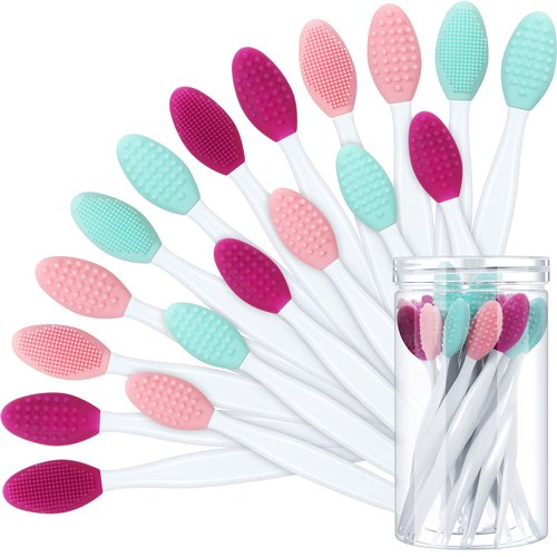 24 Pcs Silicone Exfoliating Lip Brush with Container, Double Sided Silicone Lip Scrubber Soft Cleaning Lip Brush Face Cleaning Applicator for Plump Smoother Lip Appearance (Pink, Green, Purple)