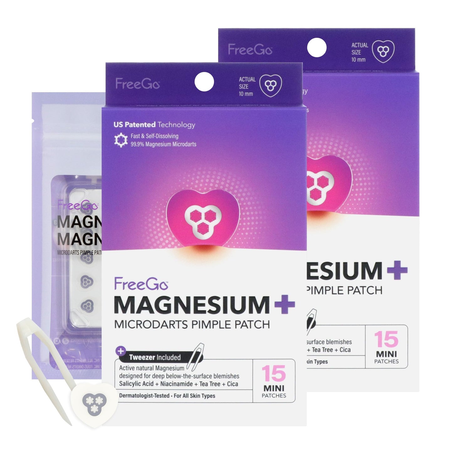 FreeGo Magnesium Blemish Microdarts Pimple Patch | Fast-Acting | Quick Calming | 99.9% Pure Magnesium | Madecassic Acid | Tea Tree | Eucalyptus Leaf | Hydrocolloid Spot Patch | Mini 2 Packs 30 Patches