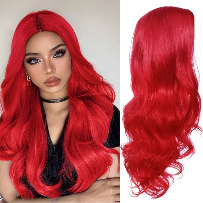Fancy Hair Long Red Wavy Wigs for Women Curly Middle Part Red Wig Natural Looking Synthetic Heat Resistant Fiber Wigs Hair for Daily Party Use (Bright Red)