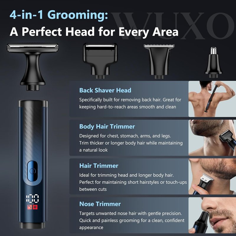 Men's Back Shaver - Ultra-Wide 2" T-Shaped Head, LED Display, Travel Case | IPX7 Wet/Dry, Safety Lock, Space Silver