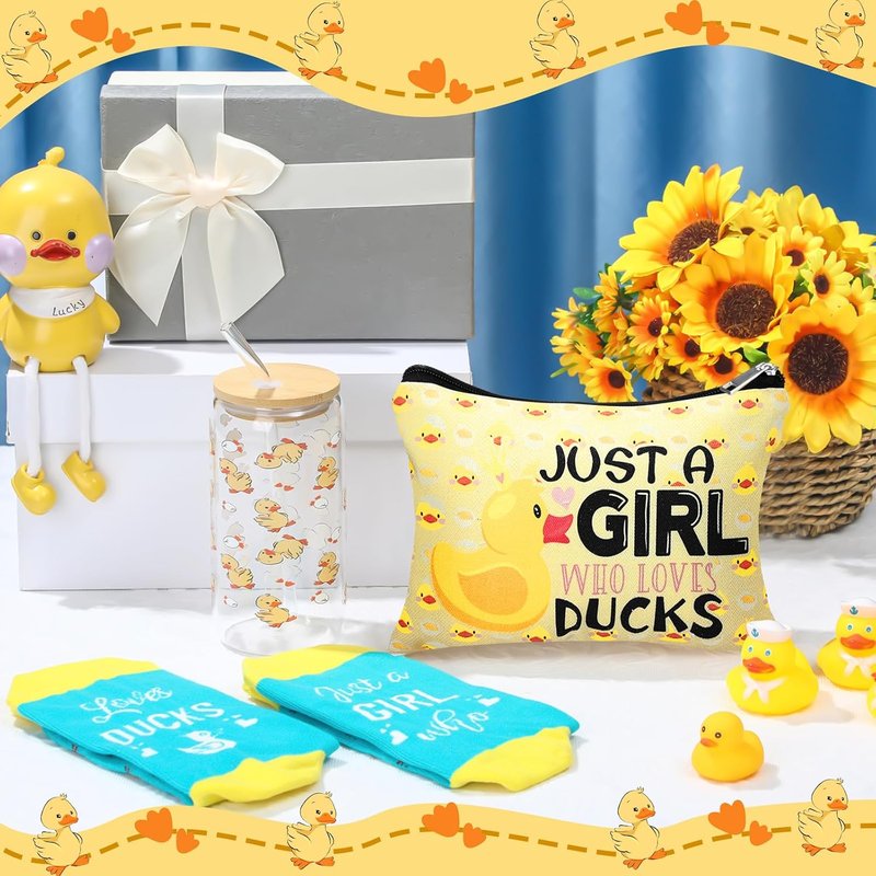 Skylety Duck Gifts Set - 16oz Glass Cup with Lid & Straw | Cute Makeup Bag for Duck Lovers