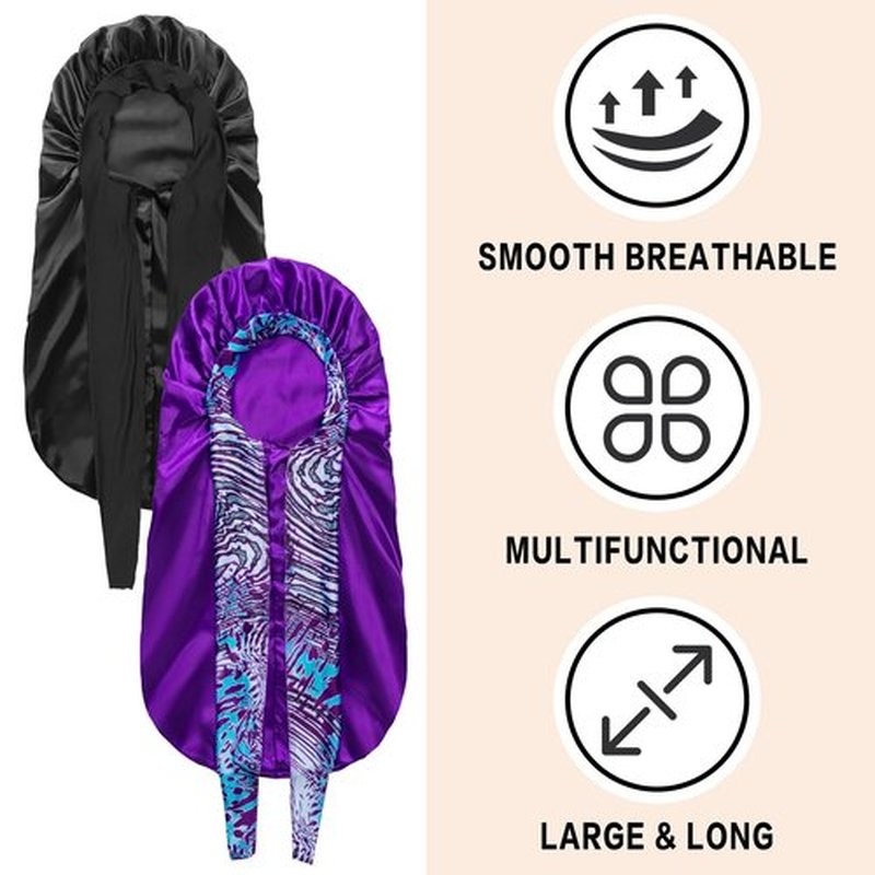 2Pack Bonnets for Black Women Braid Bonnet, Large Long Bonnet Satin Bonnet for Braids,Black Women Silk Bonnet with Stretchy Tie Band Braid Bonnet for Sleeping Extra Long (Black & Purple Pattern)