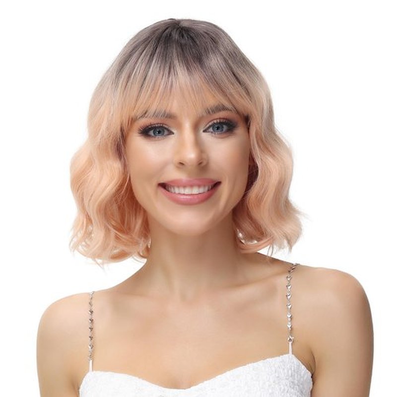 Rose bud Wavy Bob Wig with Bangs Synthetic Natural Wig Short Curly Wigs for Women Thick Black to Orange