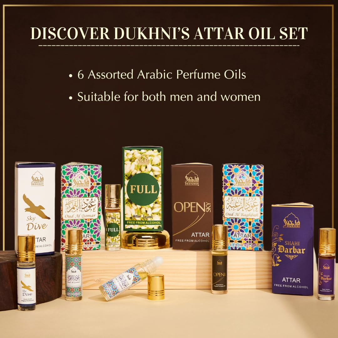 Dukhni Mixed Attar Oil Set | 6 Rollerball perfumes x 6ml | Best Arabic Perfumes for Men & Women | Pure Oudh Musk & Jasmine Arabic Oils | Non-Alcoholic & Vegan | Great for Everyday Office Wear