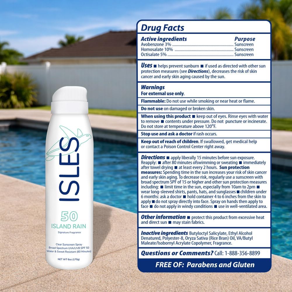 Coral Isles Island Rain Sunscreen Spray SPF 50 - Hawaii Reef Safe Compliant - Oxybenzone Free - Broad Spectrum UVA/UVB - Water Resistant (80 Min) - 6 Fl Oz (Pack of 2)