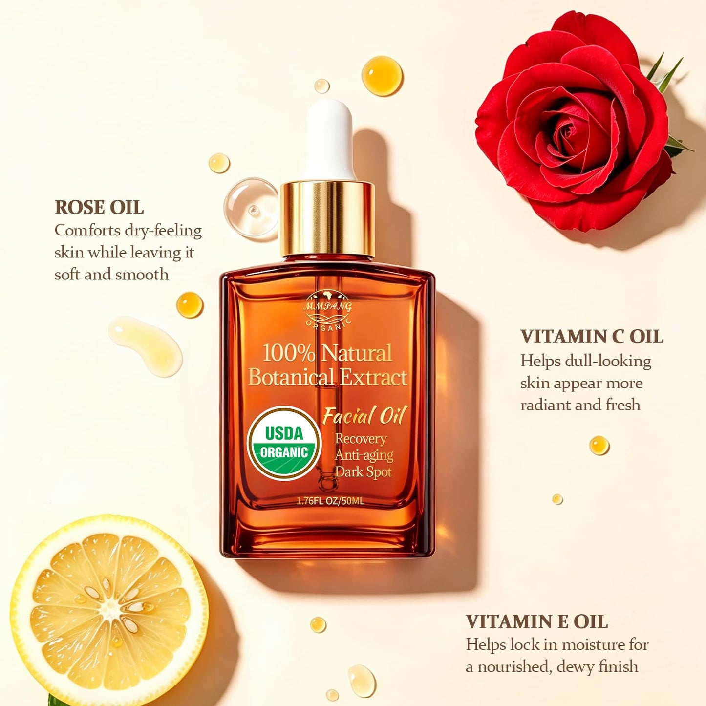 MMPANG Organic Face Oil, Rose Oil & Vitamin C USDA Facial Oil for Dry Skin