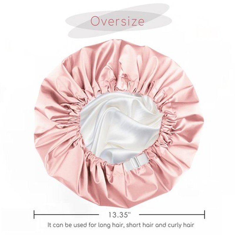 Amamba Shower Cap,100% Real Satin Lined Shower Cap,Extra Large Shower Cap for Women Reusable Waterproof,Adjustable Size&Long Hair Bath Caps（Pink）
