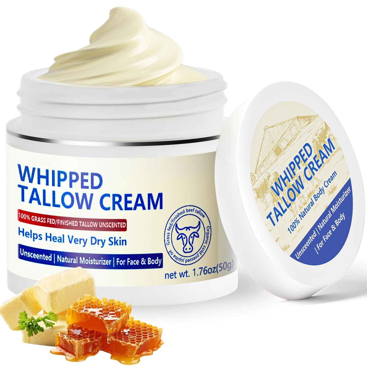 JIIANERY Beef Tallow for Skin, Natural Beef Tallow for Face, 100% Organic Grass Fed Finished Whipped Tallow and Honey Balm, Tallow Cream for Skin Care, Tallow Face Moisturizer Body Lotion