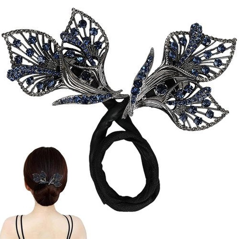 Ins Style Elegant Lazy Hair Curler, French Twist Hair Bun Maker, Lazy Flower Hairpin,Rhinestone Hand-Embroidered Flower Hair Accessory (2Pcs-Black Fish Tail+Flower)