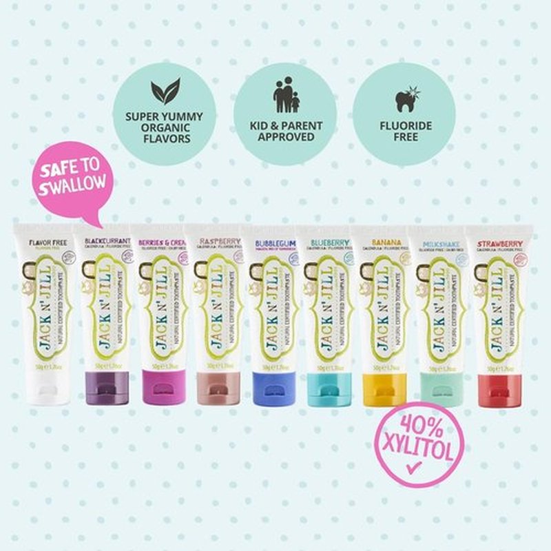 Jack N' Jill Natural Toddler Toothpaste for Baby, Kids and Infants 6 Months & Up, Fluoride Free Training Toothpaste for Toddlers 1-3, 40% Xylitol, BPA Free - Banana & Raspberry, 1.76 oz (Pack of 2)
