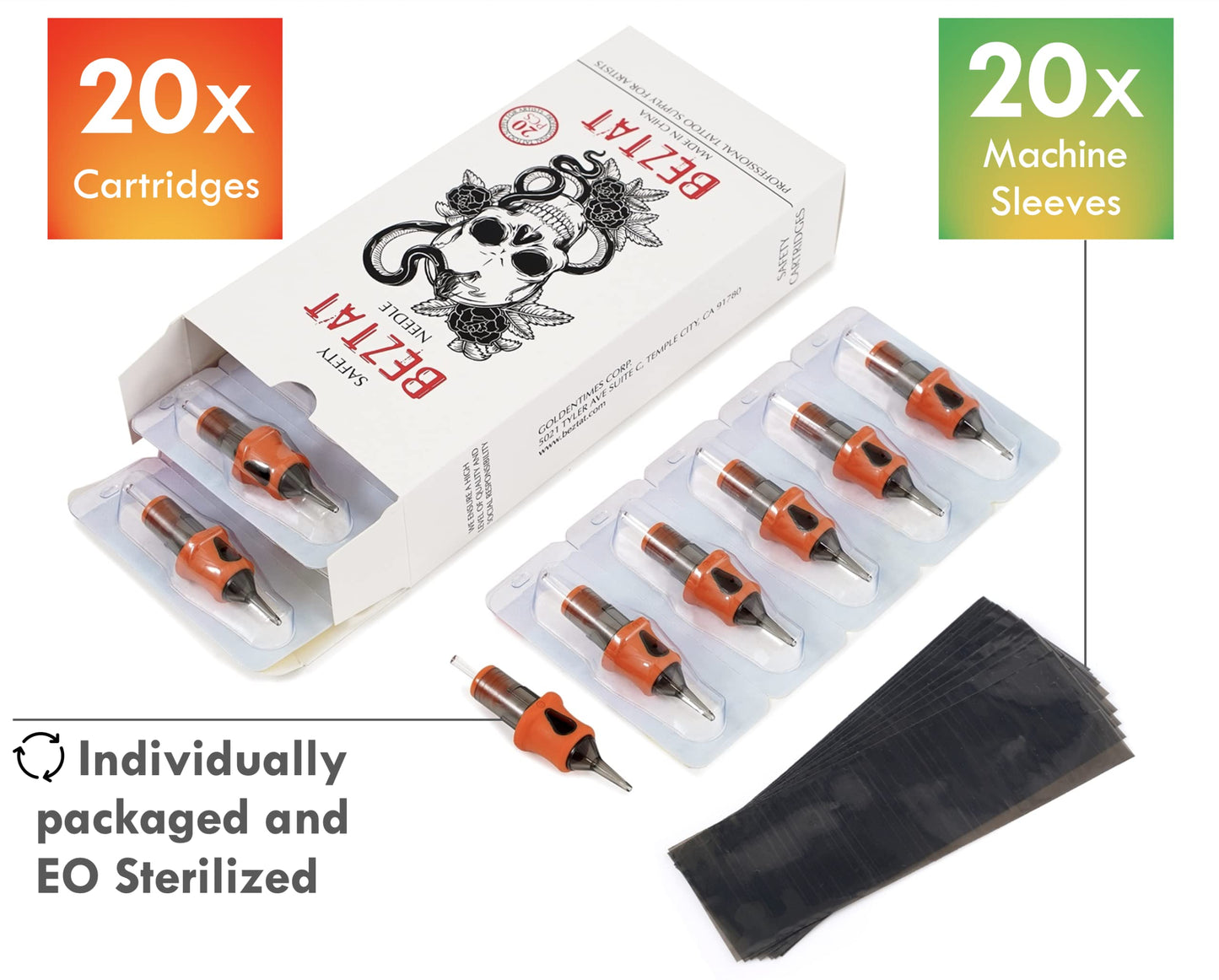 BEZTAT Ultra Premium Professional Tattoo Needles Cartridge w/Grip & Machine Covers Sleeves #10 Bugpin Round Shader 20 Pack (1011RS)