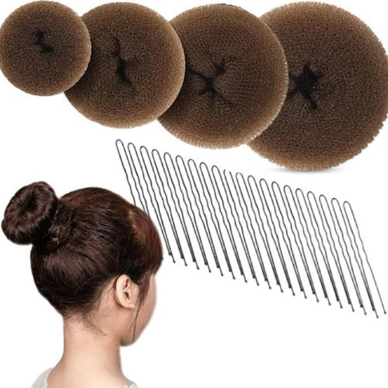 Hair Bun Maker for Kids,4pcs,Hair Bun Accessories for Women - Sock Bun, Ballet Bun with Enhanced Bun Holder, 20pcs Bobby Pins Light Brown