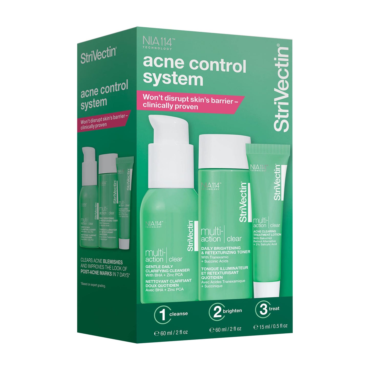 StriVectin Acne Control System Set with Cleanser, Lotion & Toner, Multi Action Clear for Acne and Blemish Prone Skin for Clearer, Smooth and Brighter Skin, Less Breakouts and Pimples - 3 Piece Set