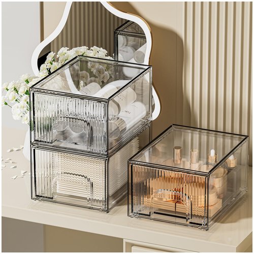 ZHIAI 3 Pack Clear Stackable Storage Drawer, Acrylic Drawer, Cosmetic Organizer, Plastic Organizer for Dresser, Under, Kitchen Cabinet, Pantry, Home Organization and Storage
