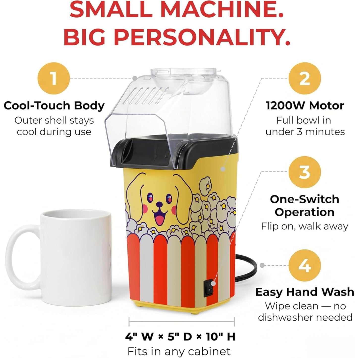 Fun Popcorn Machine Air Popper – Hot Popcorn Maker Air Popper Electric with Butter Melting Tray – Mini Electric Maker - Dog Mom Gifts for Women, Home, Kids Movie Night - Oil Free Snacks