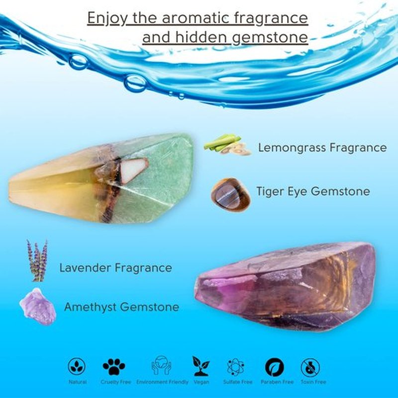 Rock Soap- Soap Rocks Set of 2- Gemstone Soaps with Real Crystals Inside- Decorative Crystal Soap with Natural Ingredients & Essential Oil- Moisturizing & Scented Fancy Soap Gift for Women & Men
