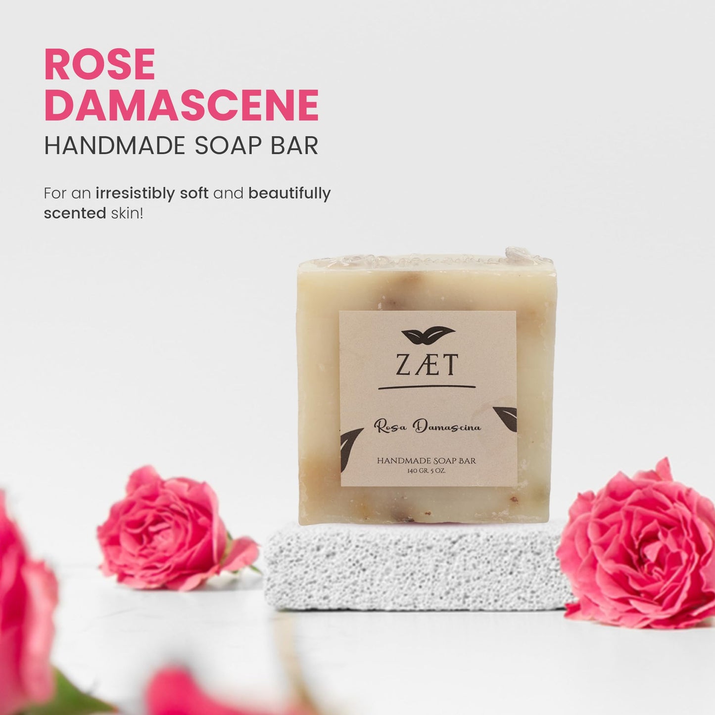 ZÆT 2-Pack Rose Damascene Bar Soap – Natural Rose Extract with Olive Oil and Coconut Oil - Handmade Soap Bar for Face and Body - Gently Cleanses and Hydrates All Skin Types- For Men and Women
