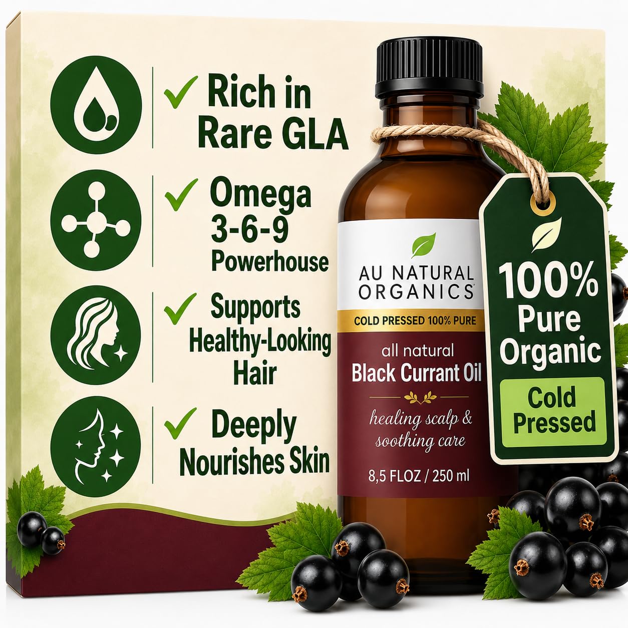 Au Natural Organics Black Currant Seed Oil for Eczema – 100% Pure Organic Cold Pressed Liquid GLA for Skin | Support Immune Health, Blood Flow, Tissue Repair | Edible & Hexane Free | 250ml