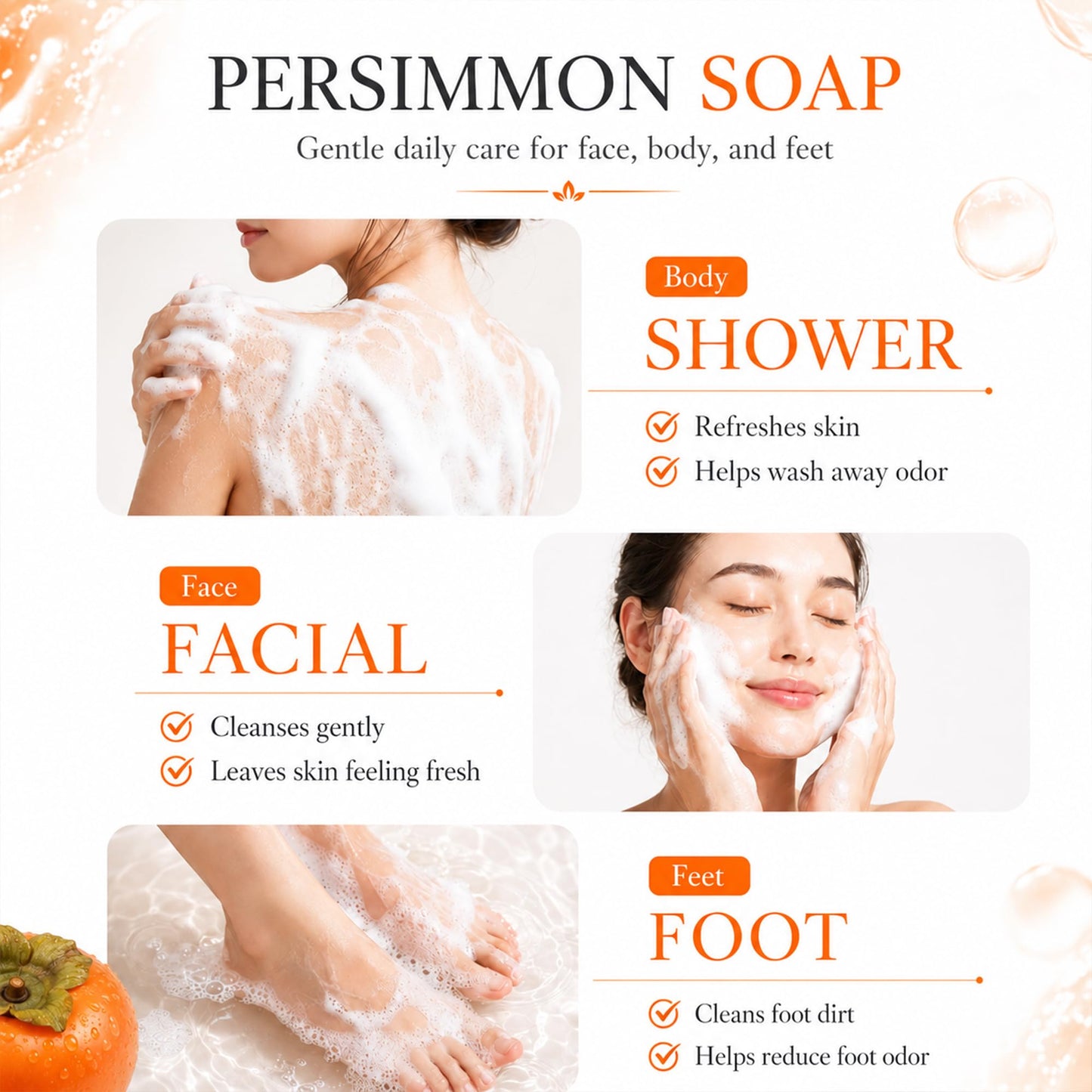 Persimmon Soap for Old People Smell, 3 Pack with Foaming Net, 100g