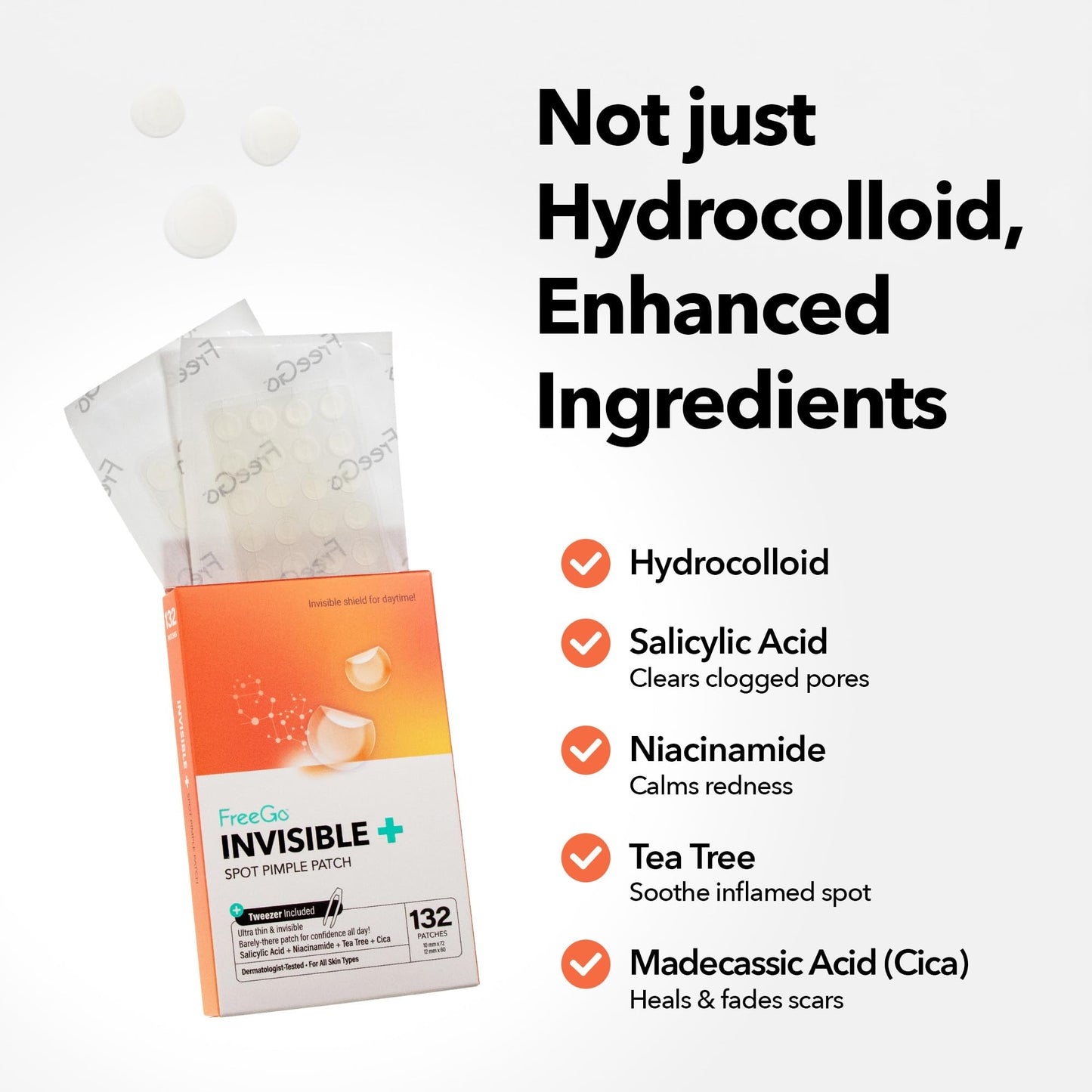 FreeGo Invisible+ Hydrocolloid Spot Pimple Patches for Face, Large Patches for Breakouts, Zit, Blemish Spot, Facial Stickers, Korean Pimple Patches (132 Counts)
