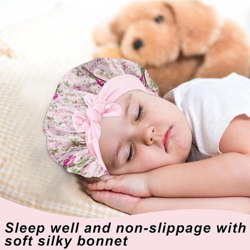 FIRSTPELLA 3 Pcs Baby Hair Bonnet for Sleeping - Kids Silk Satin Bonnets for Girls Curly Hair,Satin Sleep Bonnet for Teens Toddler Child(Pink+Black+Blue)