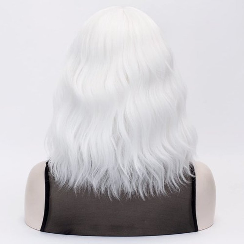 QACCF Short White Wig Short Wavy Pelucas Shoulder Length Women Full Bang Heat Resistant Women Party Realistic Wig (Ivory)