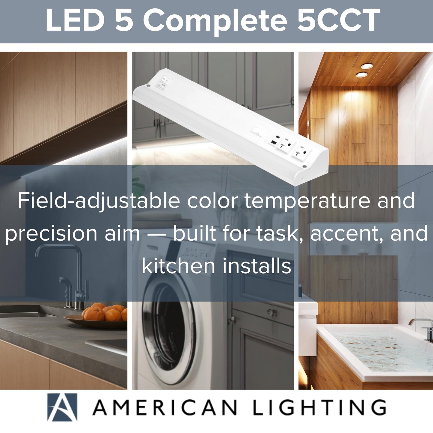 American Lighting LED Courant Plus Undercabinet Light 18 Inch 5CCT 90+ CRI 1000 Lumens with USB-A USB-C and 20A Receptacles White Finish Title 24 Compliant (2 Pack)