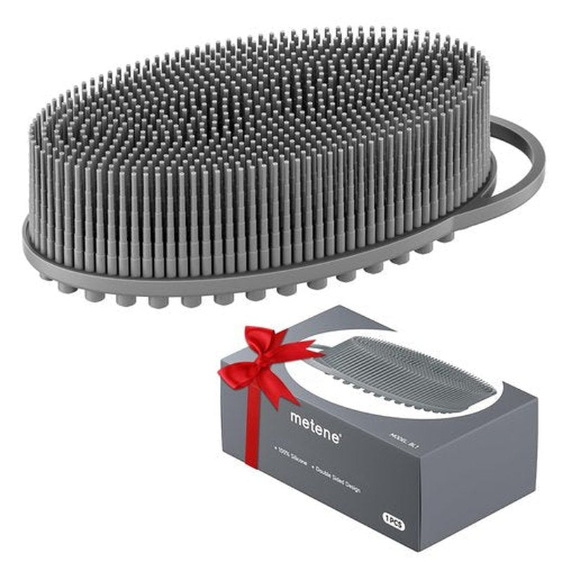 Metene Silicone Exfoliating Body Scrubber with Loop, Body Scrubber for Men and Women, Silicone Loofah for Shower, Soft Silicone Body Scrubber for Shower and Bath Skincare Routine (Gray)