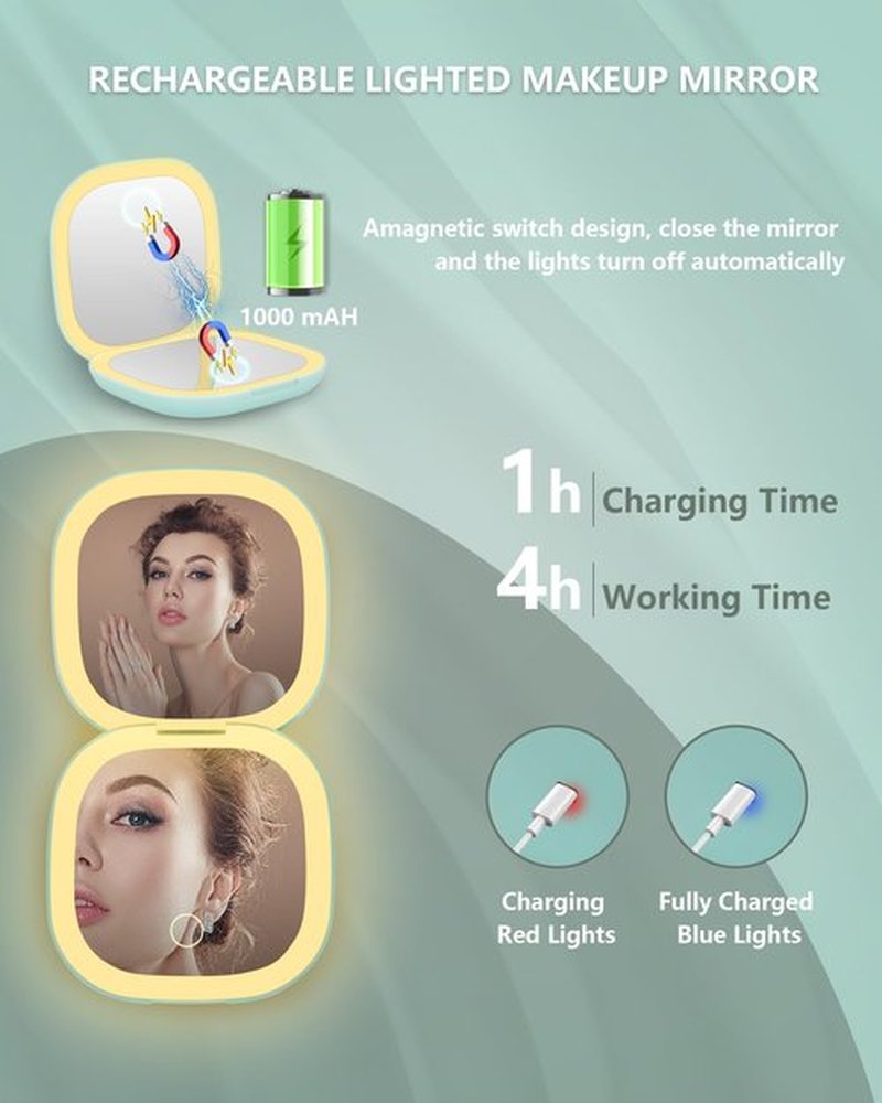 Dec.Metu Compact Mirror, 1X/5X Magnification Pocket Travel Makeup Mirror with Lights for Purse Rechargeable Small Handheld Mirror for Gift Green