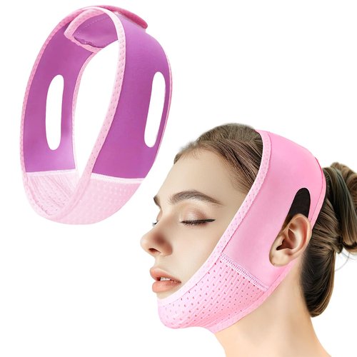 Beiskll Reusable V Line Lifting Mask with Chin Strap, V Shaped Face Mask for Sagging, Jaw Exerciser (Pink and Purple)
