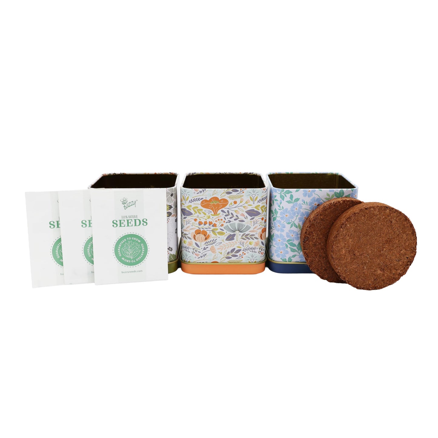 Buzzy Seeds Herbal Tea Garden Grow Kit 3-Pack - Metal Windowsill Planter - Complete Indoor/Outdoor Gardening Kit with Seeds, Coconut Husk Growing Medium & Genuine Pots - 100% Grow Guarantee