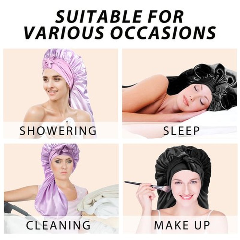 2Pcs Bonnets for Black Women Braid Bonnet, Large Long Satin Bonnet for Braids, Silk Bonnet with Stretchy Tie Band Sleep Cap Hair (2Pcs-Black&Purple)