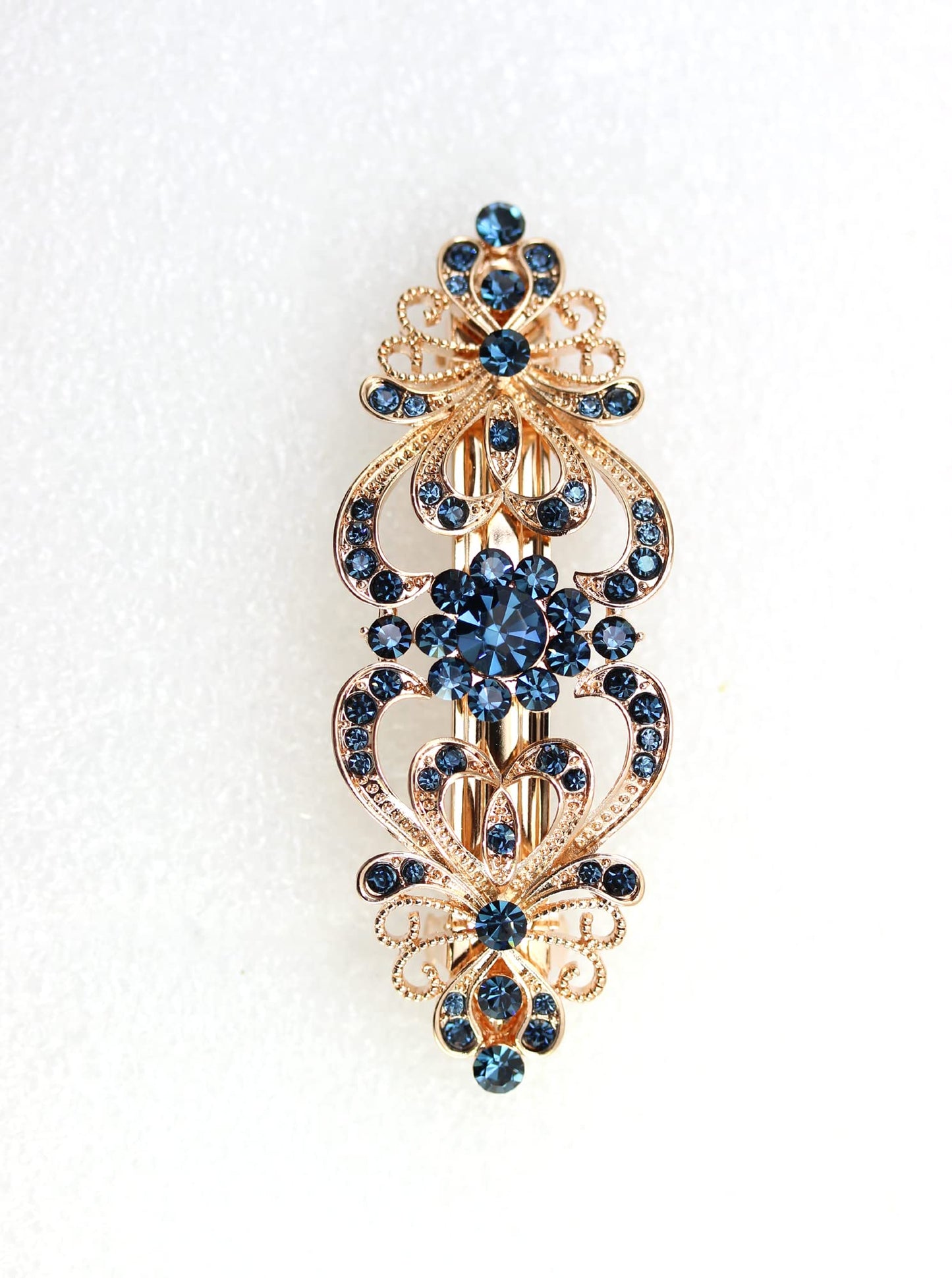 Faship Gorgeous Navy Blue Rhinestone Crystal Hearts And Floral Hair Barrette