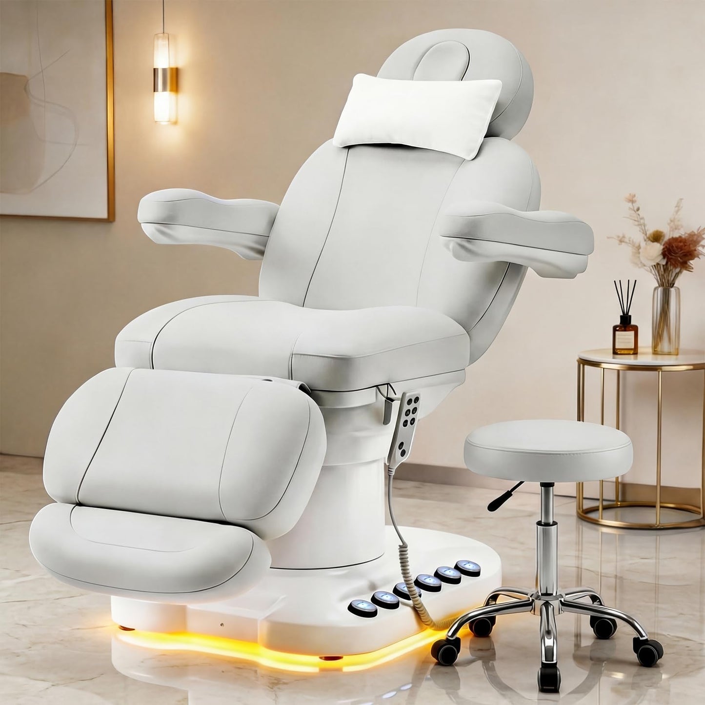 Oakvera Fully Electric Massage Table with 3 Motors, Professional Esthetician Bed with LED Light, Height, Length & Angle Adjustable Beauty Spa Bed for Facial & Medical, Stool Included, White