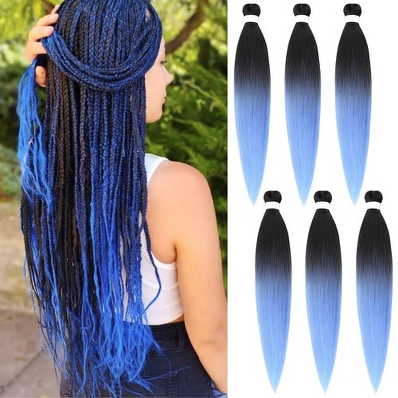Blue Ombre Braiding Hair Pre Stretched Knotless Braiding Hair Synthetic Black Lake Blue Box Braid Hair Extension for Braiding (Pack of 6)