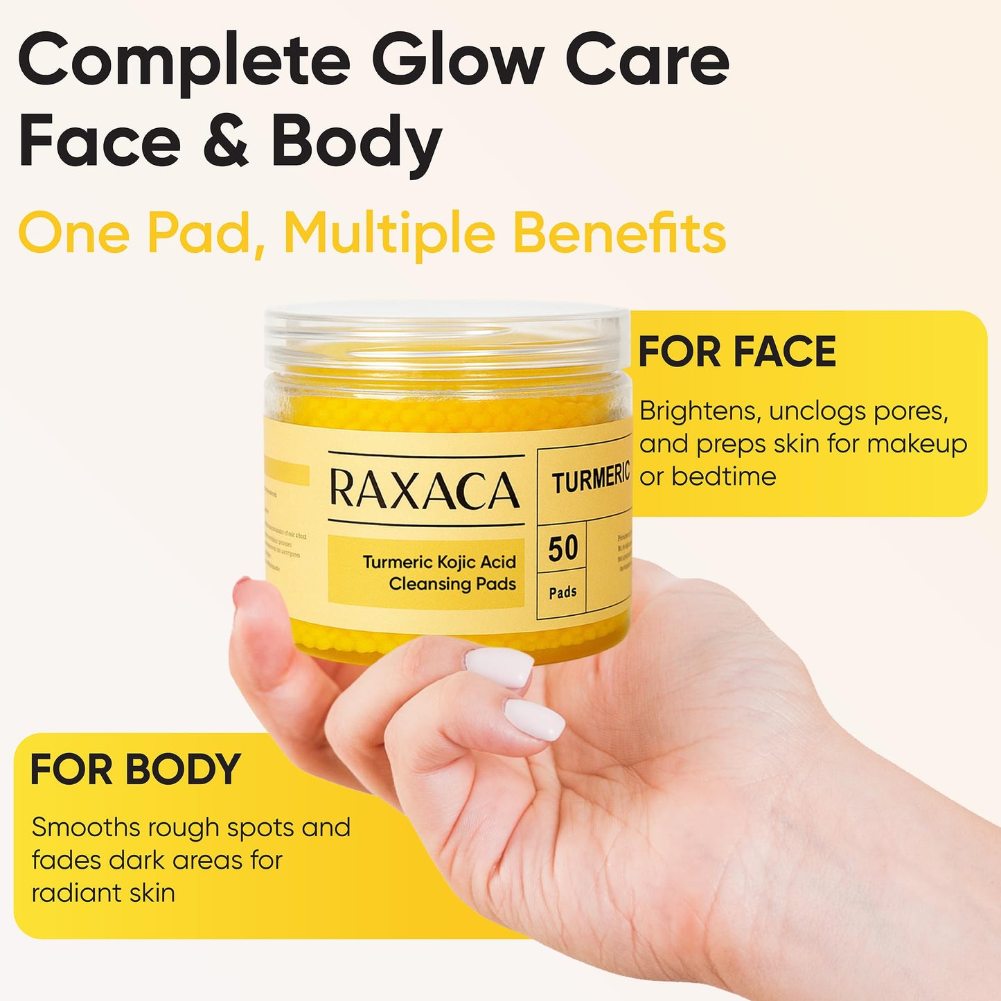 RAXAC Kojic Acid & Turmeric Facial Cleansing Pads, 50 Count, Vitamin C, Gentle Exfoliating Cotton Pads for Brighter & Refreshed Looking Skin, Daily Facial Cleansing Pads