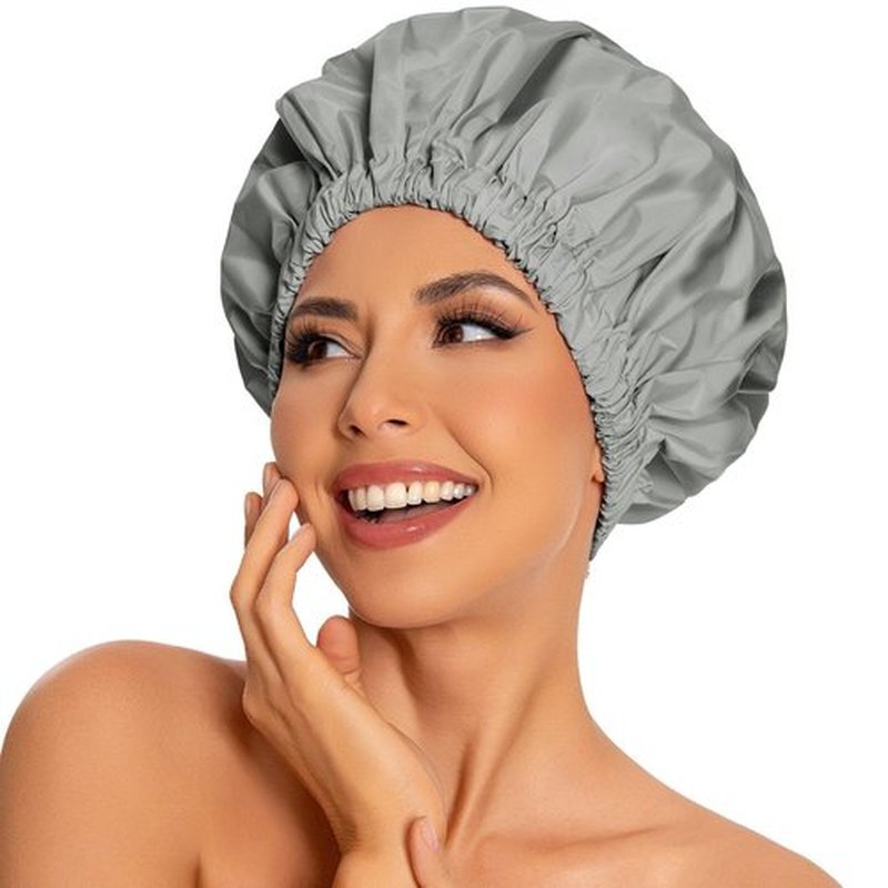Reusable Shower Cap for Women, Large Waterproof Shower Bonnet Washable Elastic Band Bath Hair Hat for Long Hair, Braids(Dark Grey)