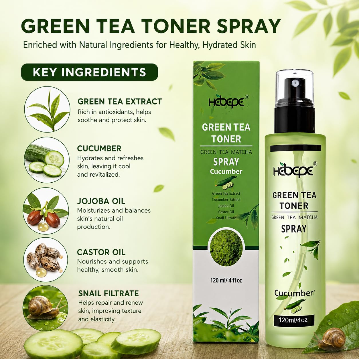 Hebepe Green Tea Matcha Facial Toner Mist with Lavender, Refreshing, and Soothing Face Toner, with Jojoba Oil, Castor Oil, Snail Filtrate,120ml