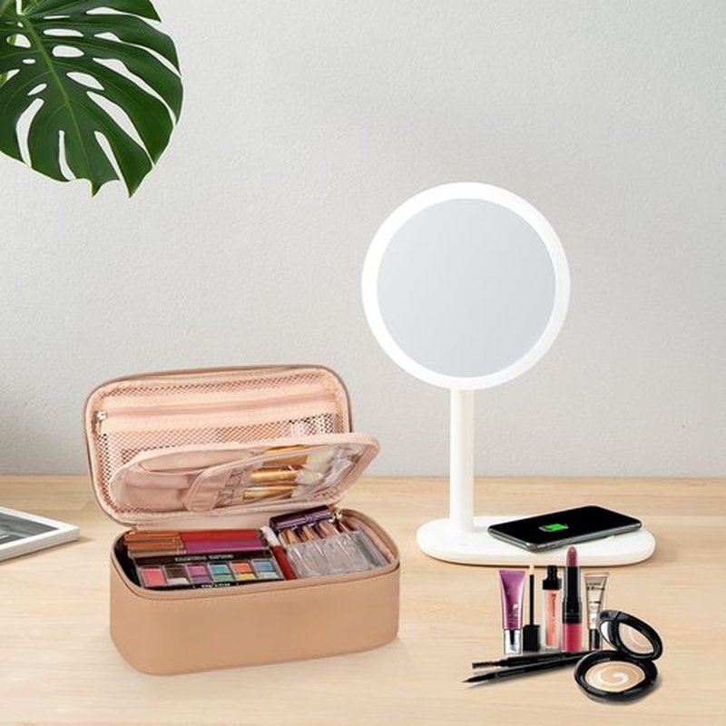 OCHEAL Small Makeup Bag,Portable Cute Travel Makeup Bag Pouch for Women Girls Makeup Brush Organizer Cosmetics Bags with Compartment-Beige Apricot