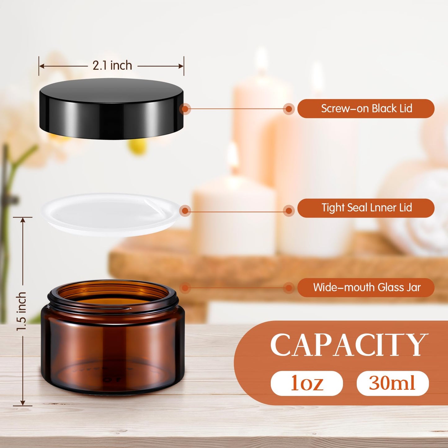 Domensi 60 Pcs 1oz Glass Jars with Lids Bulk Salve Tins Winter Cream Container Small Glass Cosmetic Jars for Travel Lip Balm with Inner Liners for Lotion Sample Cream(Amber, Black Lid)