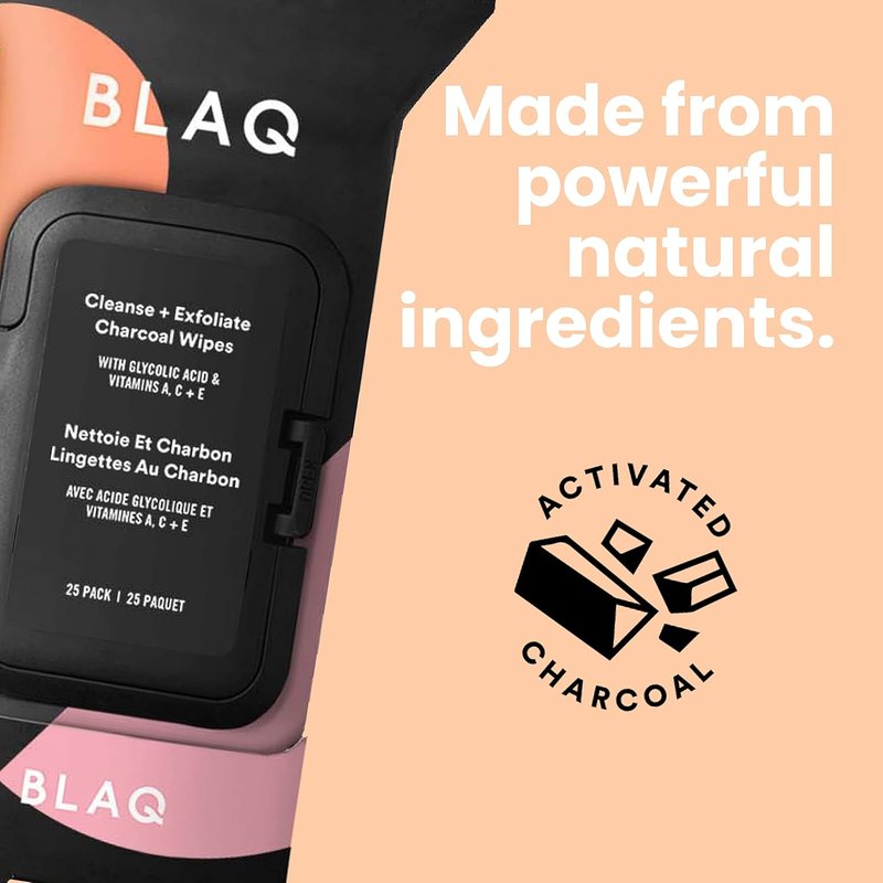 Activated Charcoal Face Wipes - Dual-Sided Cleansing Cloths for Makeup Removal | Exfoliating AHA, Pore Cleansing, Travel Size - 25 Pcs
