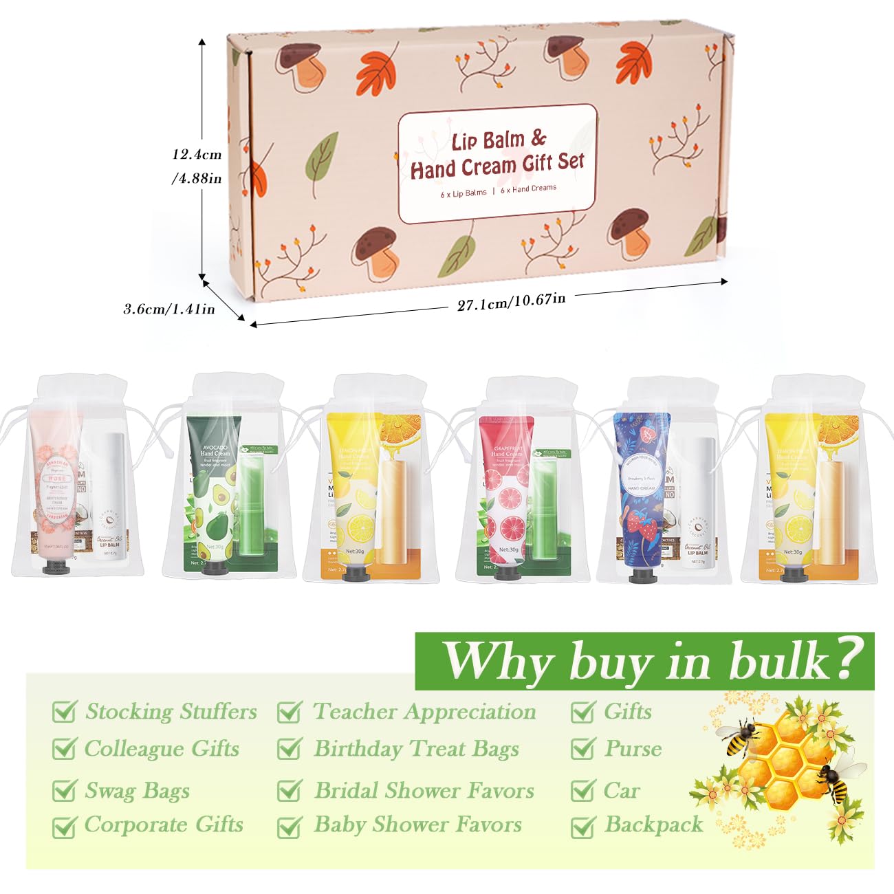 Lip Balm And Hand Cream Gift Set For Women, 6 Lip Balm Bulk + 6 Organza Bags + 6 Hand Lotion, Bridal Wedding Favor for Guests , Christmas Gifts Stocking Stuffers Teacher Appreciation Thank You Gifts