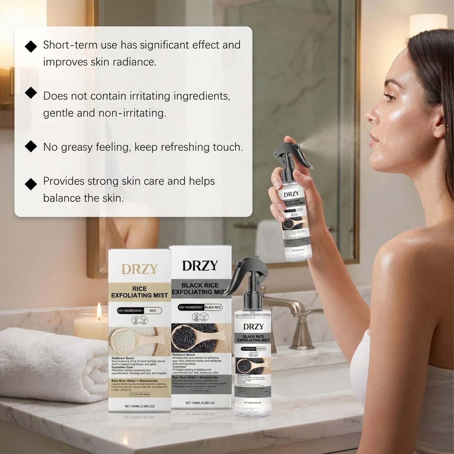 DRZY Rice & Black Rice Exfoliating Mist Set – Gentle Skin Renewal Pair with Rice Bran Water, Niacinamide & Hyaluronic Acid, Hydrating Face & Body Gift Collection 2×100ml